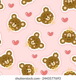 cute hand drawn brown teddy bear face with yellow bowtie on a pink background with herts  kawaii elements, kids seamless pattern for wrapping paper or textile