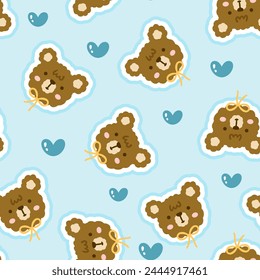 cute hand drawn brown teddy bear face with yellow bowtie on a blue background with herts  kawaii elements, kids seamless pattern for wrapping paper or textile