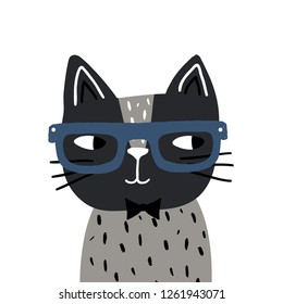 Cute hand drawn with brush cat in glasses childish print. Perfect for t-shirt, apparel, cards, poster, nursery decoration. Vector Illustration