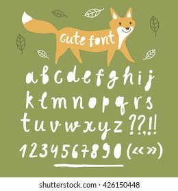 Cute hand drawn brush ink vector ABC letters and figures set. Doodle comic font with cartoon fox for your design.
