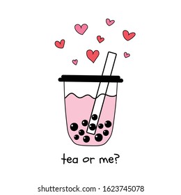 Cute hand drawn bubble milk ice tea in plastic containers, vector card

