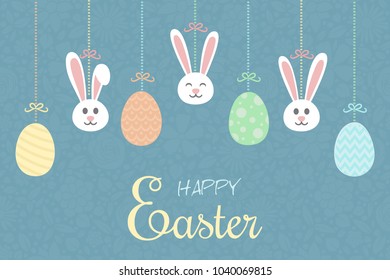 Cute hand drawn bunnies and eggs with wishes. Concept of a banner for Easter.
