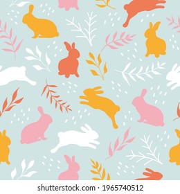 Cute hand drawn bunnies in a flower meadow, easter seamless pattern, with rabbits and brunches - great for textiles, easter cards, banners, wallpapers - vector design