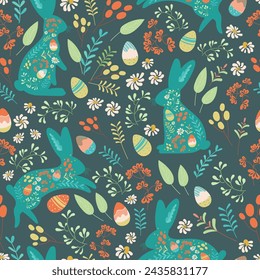 Cute hand drawn bunnies in a flower meadow, sweet easter pattern, with rabbits, flowers, easter eggs. Floral texture with hares. Trendy happy easter vector wallpaper design