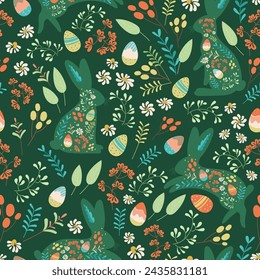 Cute hand drawn bunnies in a flower meadow, sweet easter pattern, with rabbits, flowers, easter eggs on dark green background. Floral texture with hares. Trendy happy easter vector wallpaper design