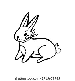 Bonito coelho desenhado à mão com bochechas rosas e arco, deitado em quatro patas. Ilustração de coelho de doodle minimal no estilo da arte da linha para o projeto de crianças, decoração do berçário, adesivos, papelaria, marca acolhedora e contar histórias.