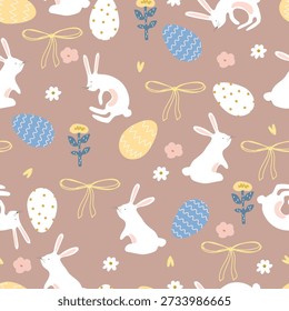Cute hand drawn  bunny, eggs, different flowers and hearts, seamless pattern. Vector Easter illustration with cute animals and plants.