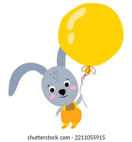 Cute Hand Drawn Bunny In A Hot Air Balloon. White Background, Isolate. Vector Illustration.