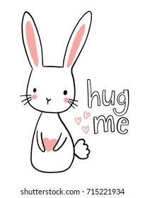 Cute hand drawn bunny illustration. Sweet rabbit character holding a heart. Hug me. 