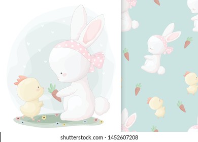 Cute hand drawn bunny and little chick with pattern