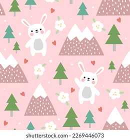 Cute hand drawn bunny with mountains and pine trees on a pastel pink background with dots and red hearts. Kawaii forest animals kids seamless pattern, fabric and textile print design