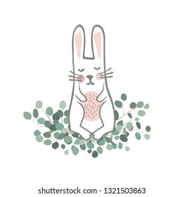Cute hand drawn bunny on the Eucaliptus branches. Easter Vector illustration. Sweet Newborn Rabbit Character.