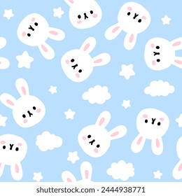 cute hand drawn bunny in the sky with stars and clouds on a pastel blue background, kids seamless pattern for textile