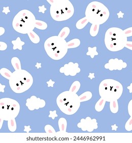 cute hand drawn bunny in the sky with stars and clouds on a pastel blue background, kids seamless pattern for textile