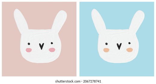 Cute Hand Drawn Bunny Vector Illustration. Lovely Nursery Art With Funny White Rabbit On A Light Blue And Blush Pink Background Ideal For Wall Art, Poster, Card, Kids Room Decoration. Easter Print.