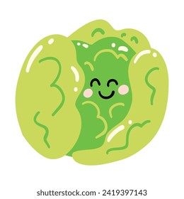 Cute hand drawn cabbage smiling. Kawaii funny vegetable character for kids.