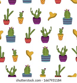 Cute hand drawn cacti and mexican hats seamless vector pattern background .Perfect for scrapbooking, textile and decor projects. Surface pattern design. 