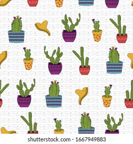 Cute hand drawn cacti and mexican hats seamless vector pattern background .Perfect for scrapbooking, textile and decor projects. Surface pattern design. 