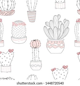 Cute hand drawn cacti on white background and hand lettering. Vector seamless pattern. Hand-drawn isolated objects.