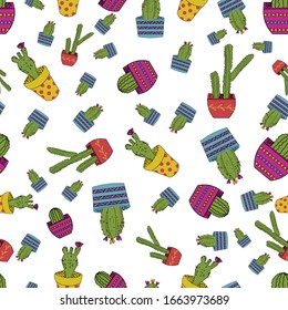 Cute hand drawn cacti seamless vector pattern background .Perfect for scrapbooking, textile and decor projects. Surface pattern design. 