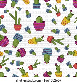 Cute hand drawn cacti seamless vector pattern background .Perfect for scrapbooking, textile and decor projects. Surface pattern design. 