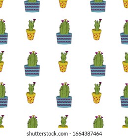 Cute hand drawn cacti seamless vector pattern background .Perfect for scrapbooking, textile and decor projects. Surface pattern design. 