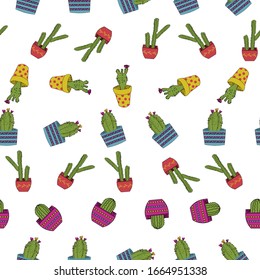 Cute hand drawn cacti seamless vector pattern background .Perfect for scrapbooking, textile and decor projects. Surface pattern design. 