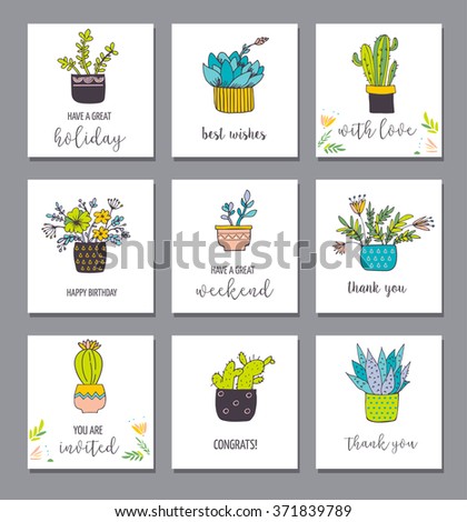 Cute hand drawn cactus cards set