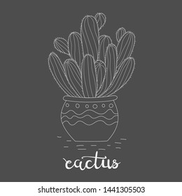 Cute hand drawn cactus with letters on chalkboard background. Vector icons in black and white sketch style. Hand-drawn isolated objects.