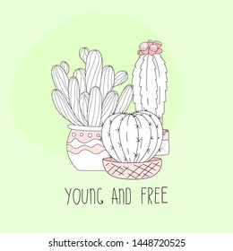 Cute hand drawn cactus with letters on color background. Vector icons in minimalistic sketch style. Funny vector lettering for card, shirt print, label.