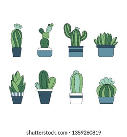 Cute hand drawn cactus plant in the pots - Vector Illustration