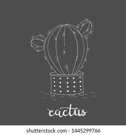 Cute hand drawn cactus in a pot with letters on chalkboard background. Vector icons in black and white sketch style. Hand-drawn isolated objects.