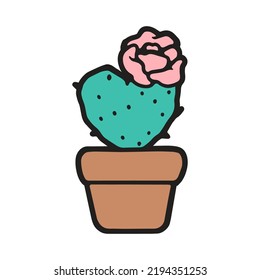 Cute hand drawn cactus in a pot. Color image of potted cactus in flat design. Potted plant badge. Vector illustration.