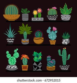 Cute hand drawn Cactus in the pots. Beautiful exotic collection for decoration, packages product and interior decoration. Vector illustration.