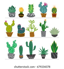 Cute hand drawn Cactus in the pots. Beautiful exotic collection for decoration, packages product or other your decoration design.Vector illustration in trendy flat design style.