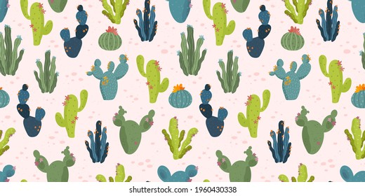 Cute hand drawn cactus seamless pattern, lovely doodle succulents, great for summer textiles, banners, wallpapers, wrapping - vector design