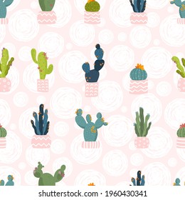Cute hand drawn cactus seamless pattern, lovely doodle succulents, great for summer textiles, banners, wallpapers, wrapping - vector design