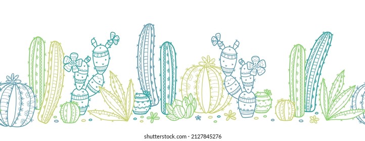 Cute hand drawn cactus seamless pattern, line art background, vibrant colors, great for banners, wallpapers, textiles, wrapping - vector design