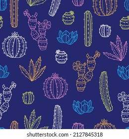 Cute hand drawn cactus seamless pattern, line art background, vibrant colors, great for banners, wallpapers, textiles, wrapping - vector design