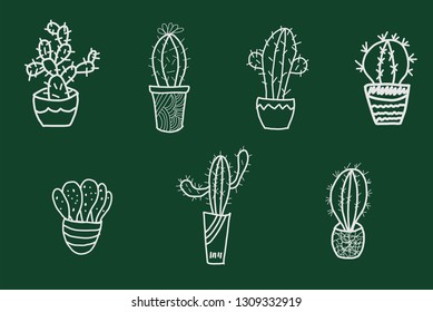 Cute hand drawn cactus set in the pots. Vector Illustration.