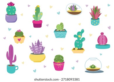 Cactos desenhados à mão bonito e potes suculentos conjunto com cores pastel e estilo decorativo lúdico para o design moderno