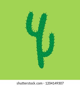 Cute hand drawn cactus vector illustration. Green mexican, desert cactus with spines, isolated on green background.