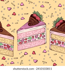 Cute Hand Drawn Cake Pieces Sweets Desserts with Sprinkles. Vector Desserts Seamless Pattern for Valentine's Day Wallpapers or Wrapping Papers