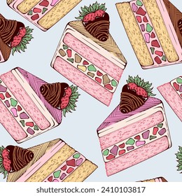 Cute Hand Drawn Cake Pieces Sweets. Vector Desserts Seamless Pattern for Valentine's Day Wallpapers or Wrapping Papers