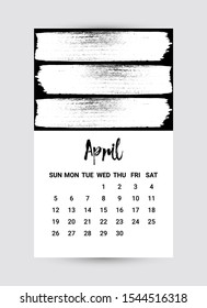 Cute Hand drawn Calendar 2020. April month. Creative Black and White design template with messy ink grunge texture. Week starts Sunday. Monochrome minimal style. Vector flyer layout, brochure, frame