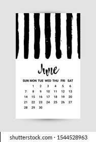 Cute Hand drawn Calendar 2020. June month. Creative Black and White design template with messy ink grunge texture. Week starts Sunday. Monochrome minimal style. Vector flyer layout, brochure, frame
