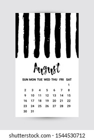 Cute Hand drawn Calendar 2020. August month. Creative Black and White design template with messy ink grunge texture. Week starts Sunday. Monochrome minimal style. Vector flyer layout, brochure, frame