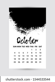 Cute Hand drawn Calendar 2020. October month. Creative Black and White design template with messy grunge texture. Week starts Sunday. Monochrome minimal style. Vector flyer layout, brochure, frame