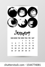Cute Hand drawn Calendar 2020. January month. Creative Black and White design template with messy ink grunge texture. Week starts Sunday. Monochrome minimal style. Vector flyer layout, brochure, frame