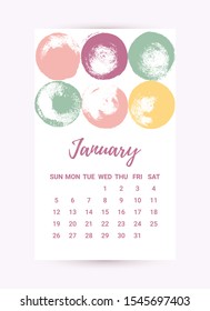 Cute Hand drawn Calendar 2020. January month. Creative Pastel color design template with messy ink grunge texture. Week starts Sunday. Monochrome minimal style. Vector flyer layout, brochure, frame
